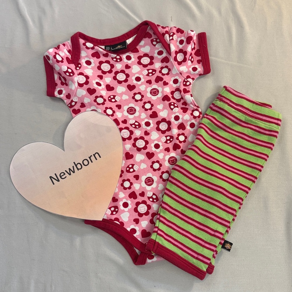 Paul Frank - Newborn Pink Floral Onesie and Striped Pants Set